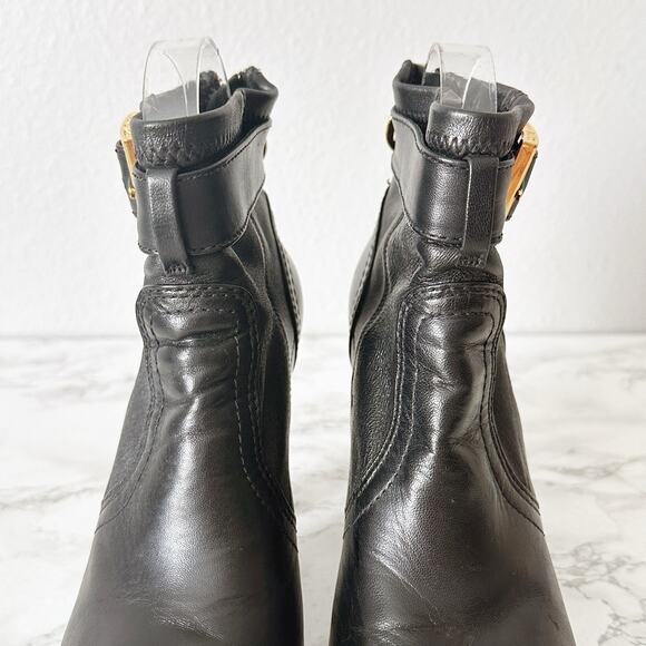 Tory Burch Melrose Black Leather Goldtone Buckle Zipper Bootie Women’s Size 6.5 - Picture 3 of 13